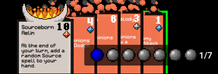 This is an example of a player's hand and Lun count. In this case, the
player has 7 Lun crystals total, but only 1 available left to use this
turn.