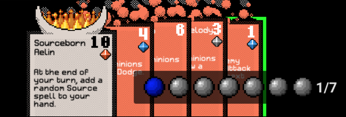 fig:This is an example of a player's hand and Lun count. In this case, the player has 7 Lun crystals total, but only 1 available left to use this turn. This is an example of a player's hand and Lun count. In this case, the
player has 7 Lun crystals total, but only 1 available left to use this
turn.