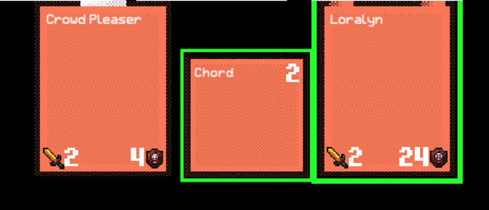 fig:Here we can see the player's weapon, skill, and champion (going from left to right). The skill is highlighted, meaning that it still can be used this turn, and the highlight around our champion means that it can still attack this turn. Here we can see the player's weapon, skill, and champion (going from
left to right). The skill is highlighted, meaning that it still can be
used this turn, and the highlight around our champion means that it can
still attack this
turn.